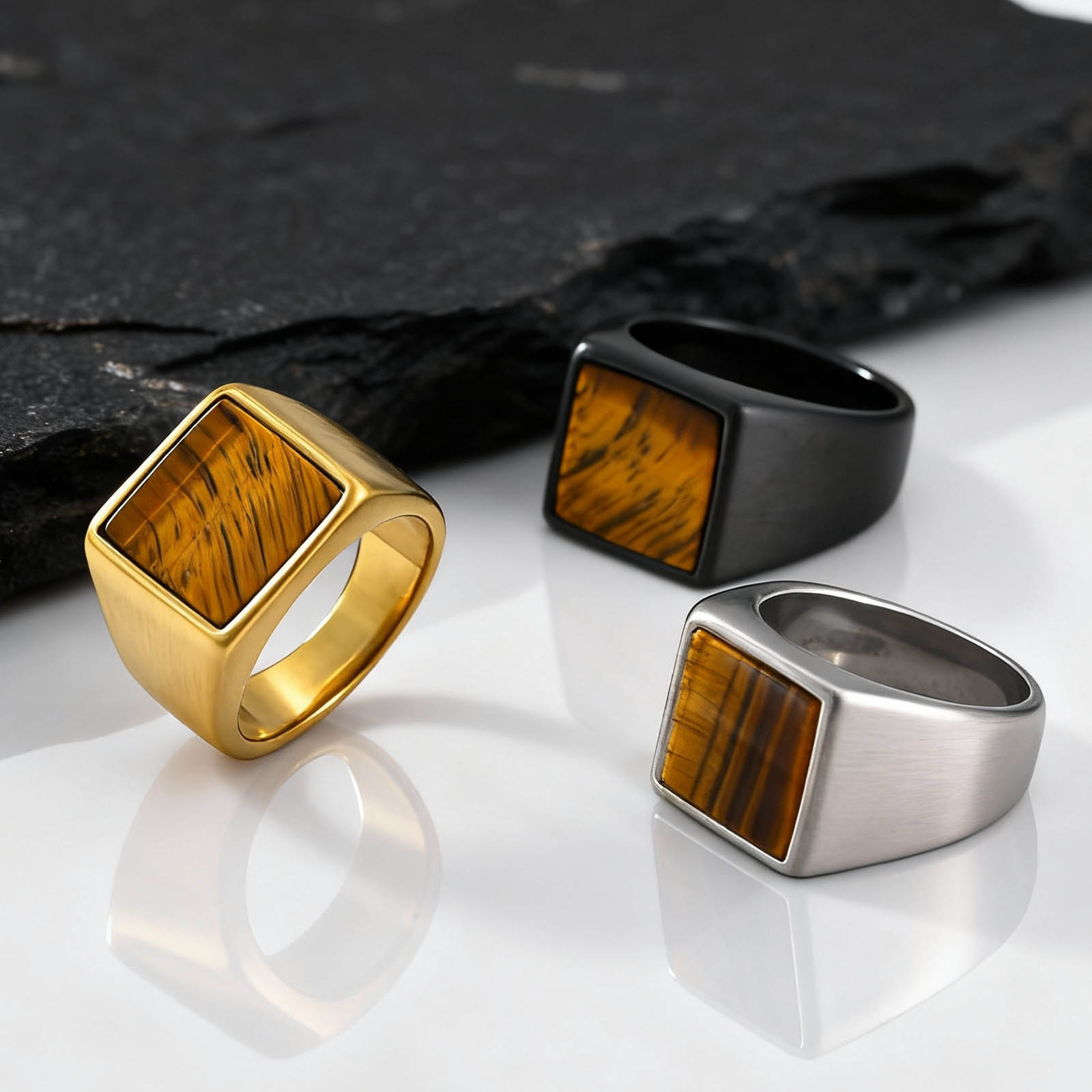 Tiger Eye Stone Ring for Men B - Mens Signet Ring 评论和价格