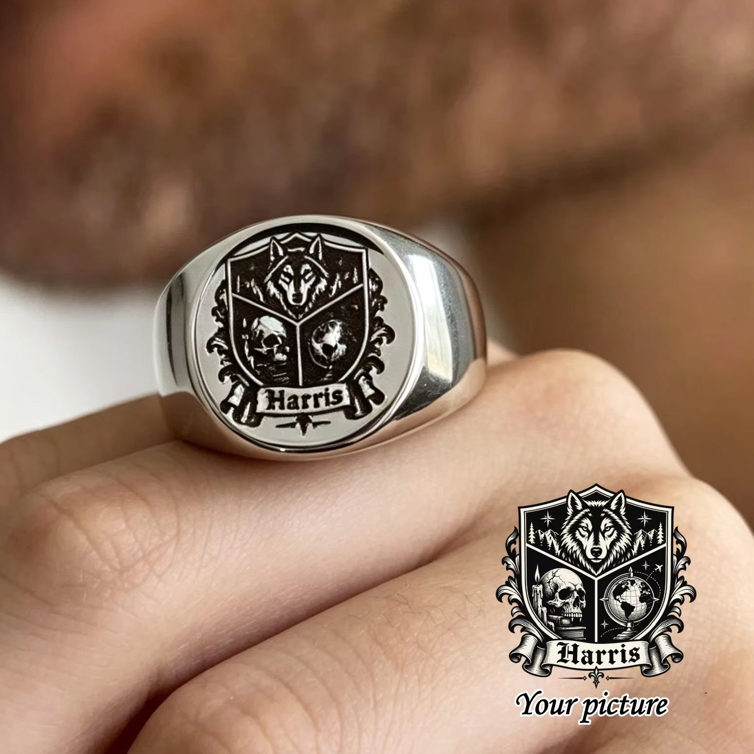 Custom Photo Signet Ring Perso - Mens Signet Ring 评论和价格