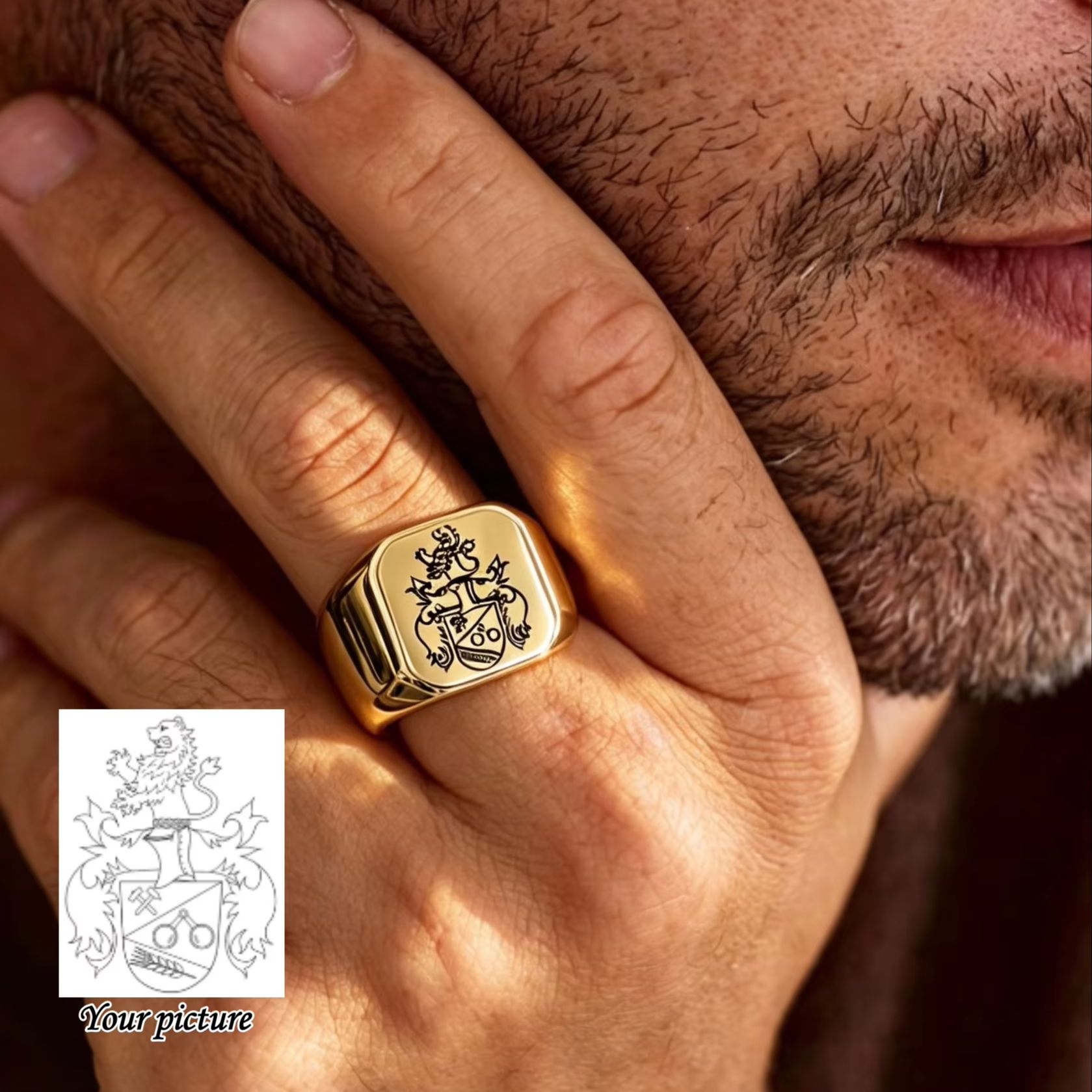 Custom Family Crest Signet Rin - Mens Signet Ring 评论和价格