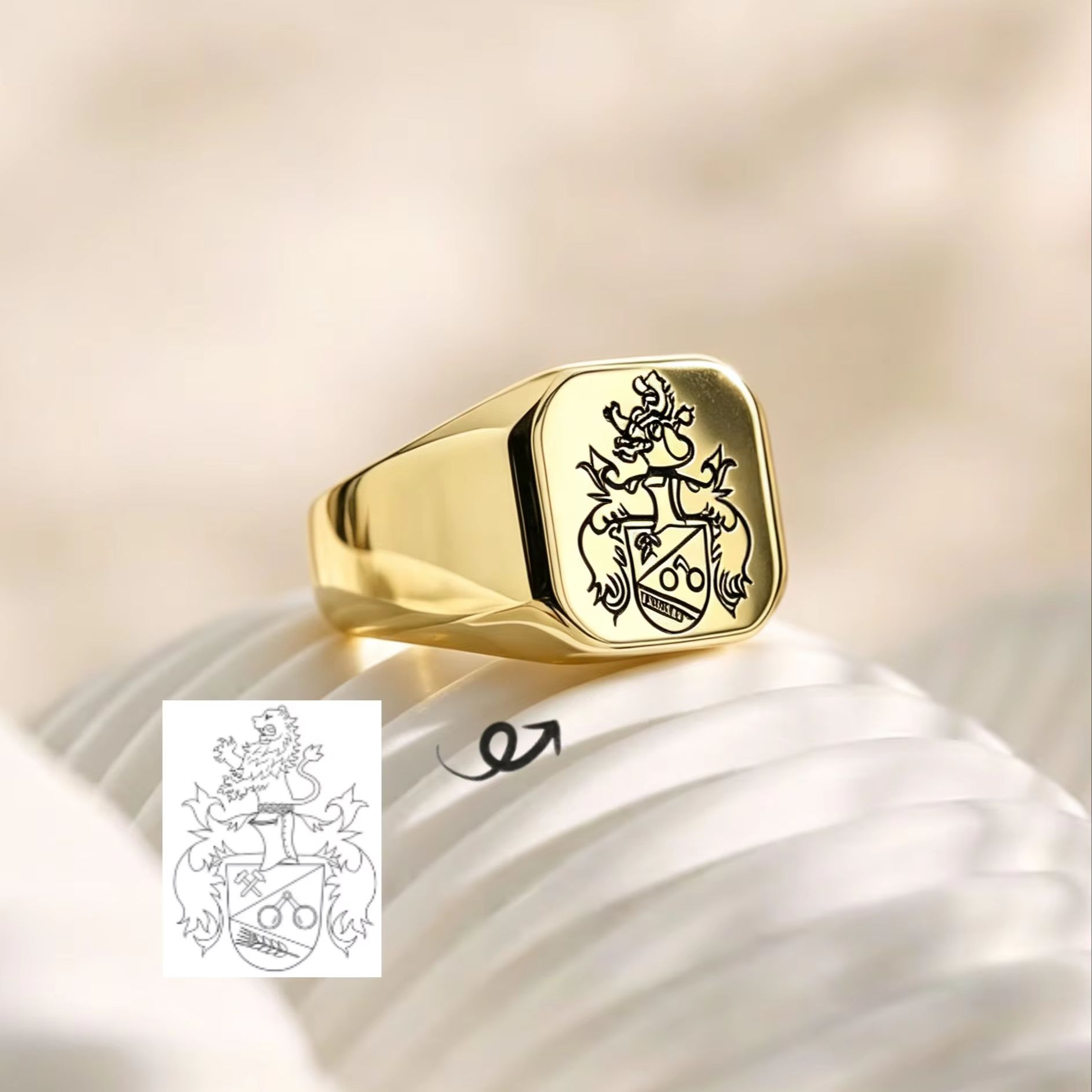 Custom Family Crest Signet Rin - Mens Signet Ring 评论和价格