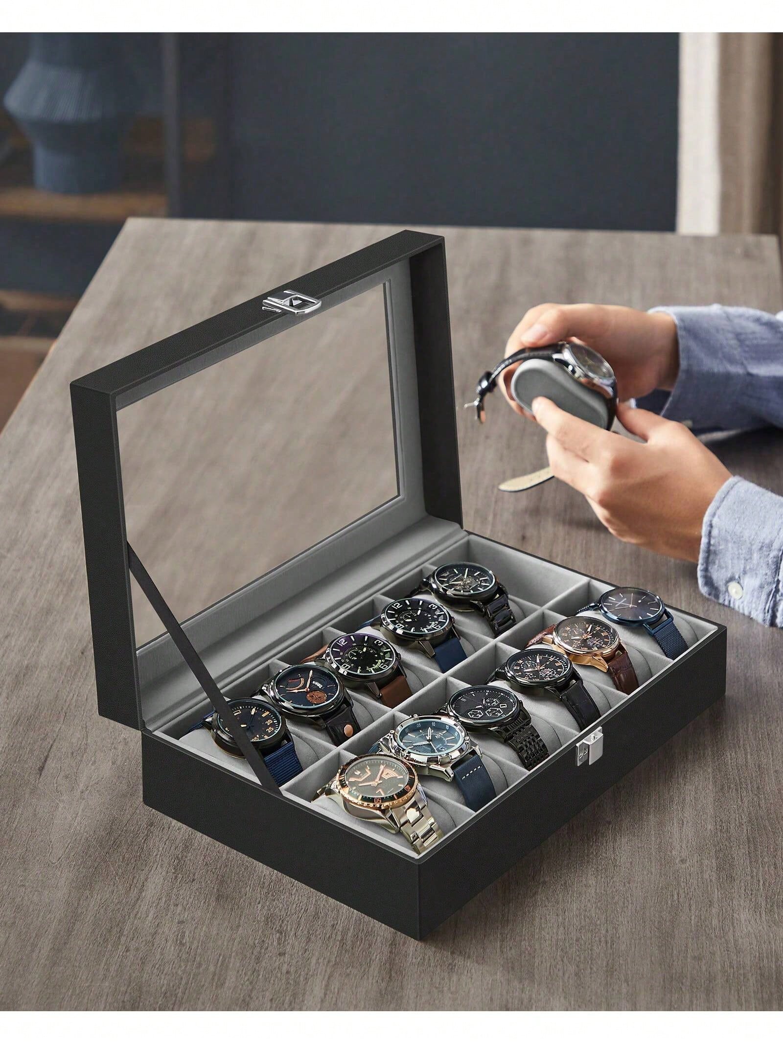 12-Slot Lockable Watch Box wit - Jewelry Box With Watches 评论和价格