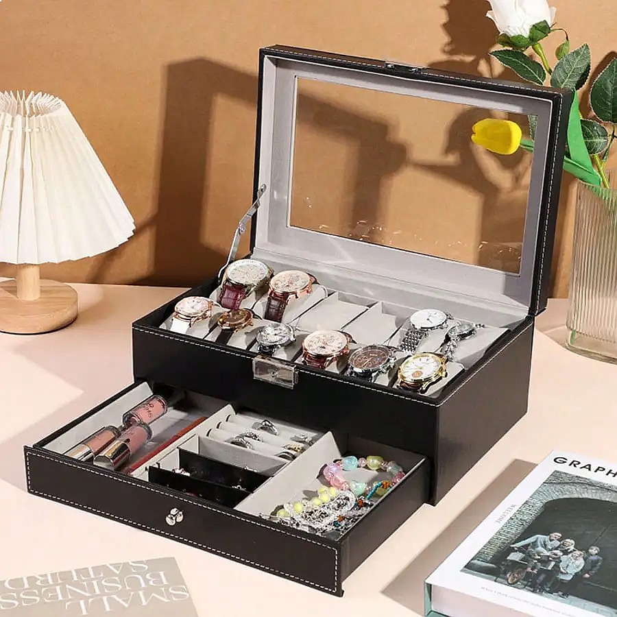 12-Slot Watch Box with Drawer, - Jewelry Box With Watches 评论和价格