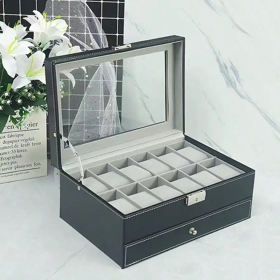 12-Slot Watch Box with Drawer, - Jewelry Box With Watches 评论和价格